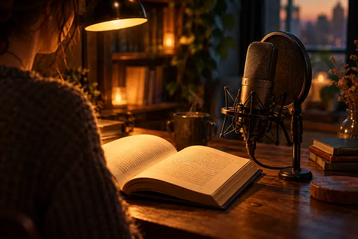 Stimmungsvolles redaktionelles Bild eines aufgeschlagenen Buches neben einem Studiomikrofon, beleuchtet von warmem bernsteinfarbenem Leselicht.