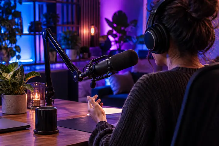 Moderner Podcast-Tisch mit Broadcast-Mikrofon, Kopfhörern und farbenfroher Studiobeleuchtung in Blau und Violett.