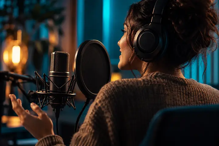 Filmische Nahaufnahme einer Person, die in einem warm beleuchteten Studio ein klares Voice-over aufnimmt, eingerahmt von Türkis- und Indigotönen.